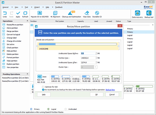 EaseUS Partition Master: Resize Partition