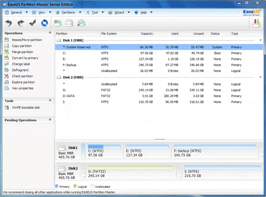 Click to view EaseUS Partition Master Server Edition 9.1 screenshot