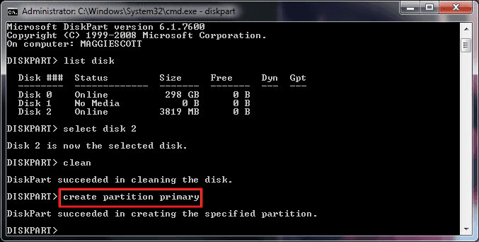 type create partition primary to format usb flash drive using cmd