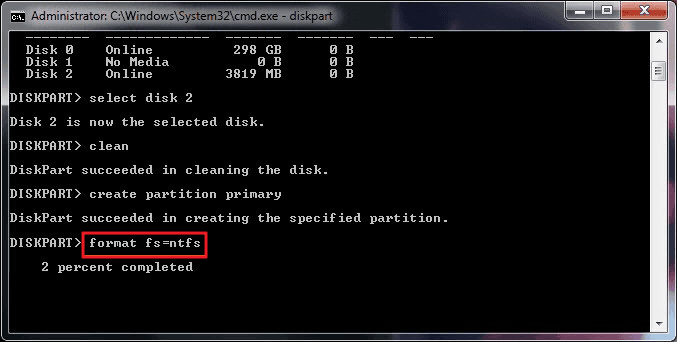 type format fs=ntfs to format usb flash drive using cmd