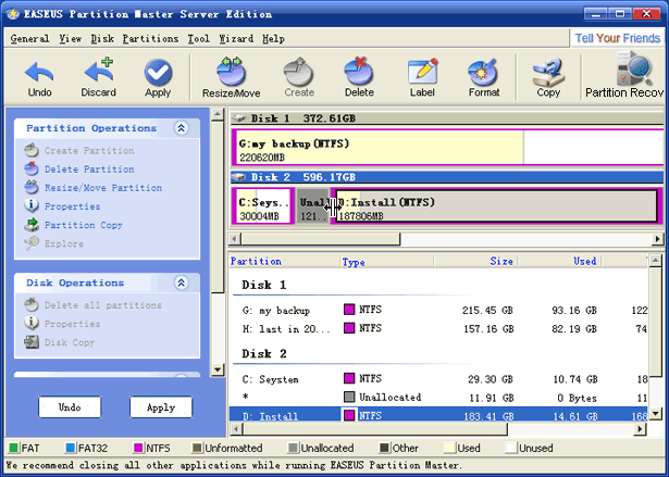 Position the mouse pointer on the left or right partition handle. The mouse pointer changes to a double-headed arrow